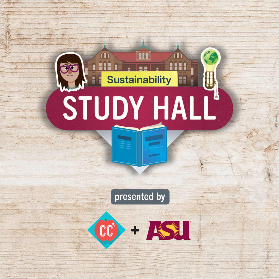 The logo of Study Hall Sustainability. Around the text is a traditional college building. Below the text is a blue textbook opened. To the right of the text is a lightbulb with a green earth and two the left of the text is a cartoon image of Miriam Nielsen wearing purple glasses