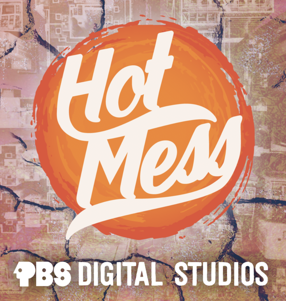 The logo of Hot Mess, a PBS Digital Show. Hot Mess is written in curvey font on a red, flame-like circle.
